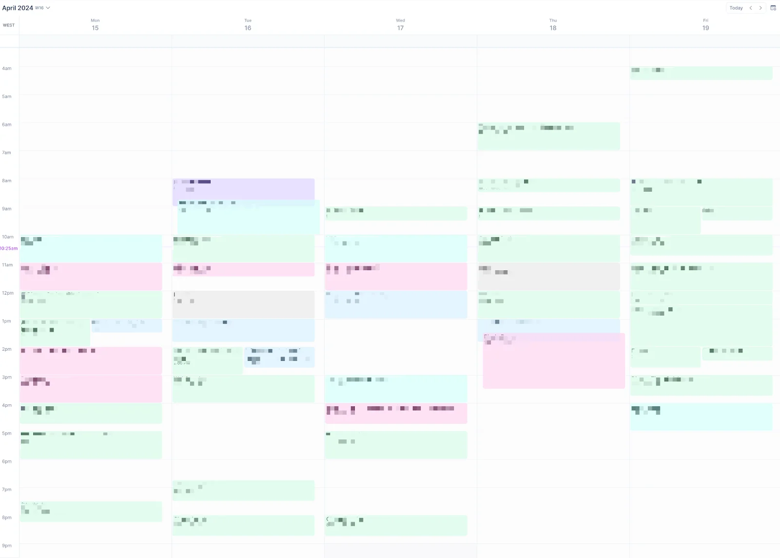 A screenshot of a very busy weekly calendar from Monday to Friday showing numerous meetings and calls scheduled throughout the day