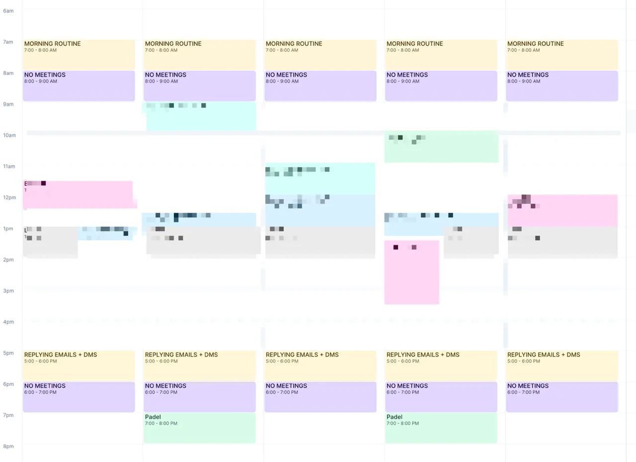 A screenshot of a weekly schedule showing recurring time blocks and a more organized calendar structure