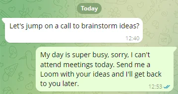 A chat conversation showing one person declining a meeting invitation politely