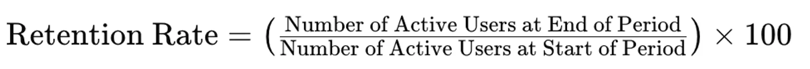 A formula for Retention Rate, calculated as the number of active users at the end of a period divided by the number at the start, multiplied by 100