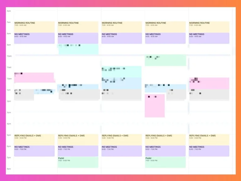A weekly schedule showing a routine with dedicated blocks for morning tasks, meetings, emails, and personal activities