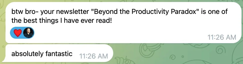 A chat conversation praising a newsletter titled