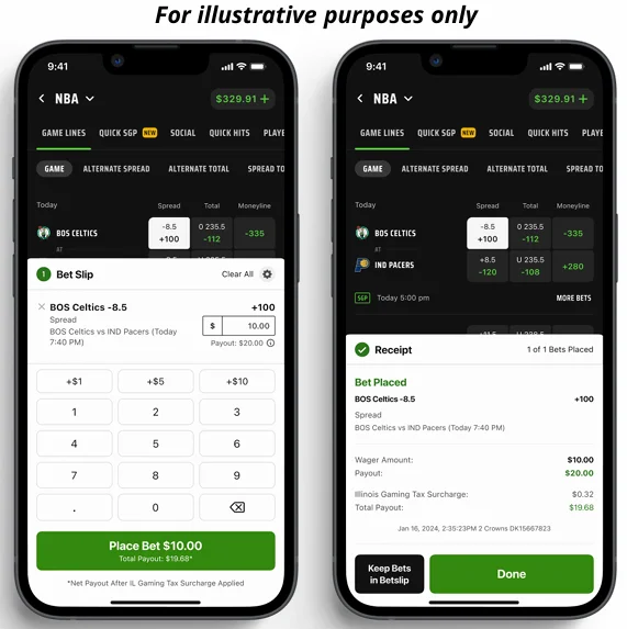 A two-panel image of a mobile sports betting app, showing a bet slip for a Celtics game and a receipt with an Illinois Gaming Tax Surcharge applied