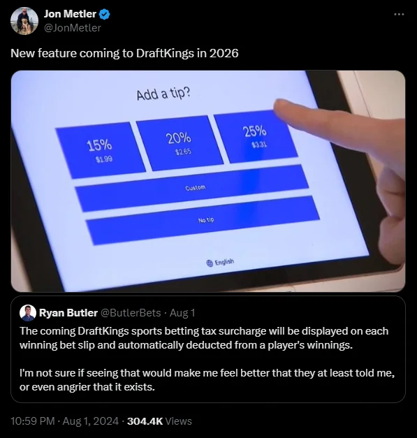 A Twitter post showing a DraftKings tipping feature and a reply discussing a new sports betting tax surcharge being deducted from winnings