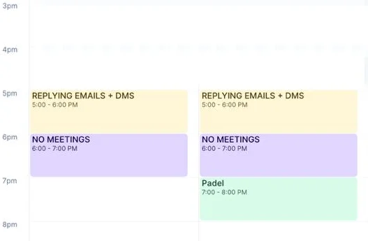 A section of a weekly schedule showing dedicated time blocks for emails, meetings, and personal activities