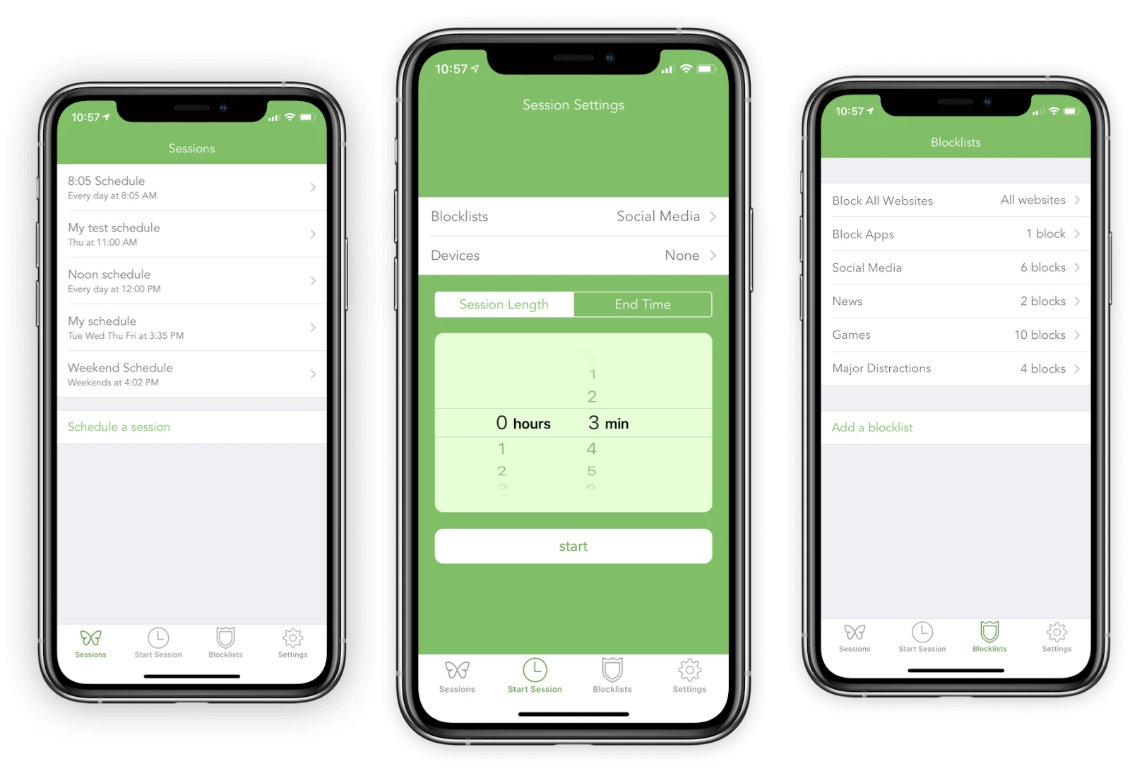 A three-panel screenshot of a productivity app's interface, showing scheduled sessions, session settings, and various blocklist options for websites and apps