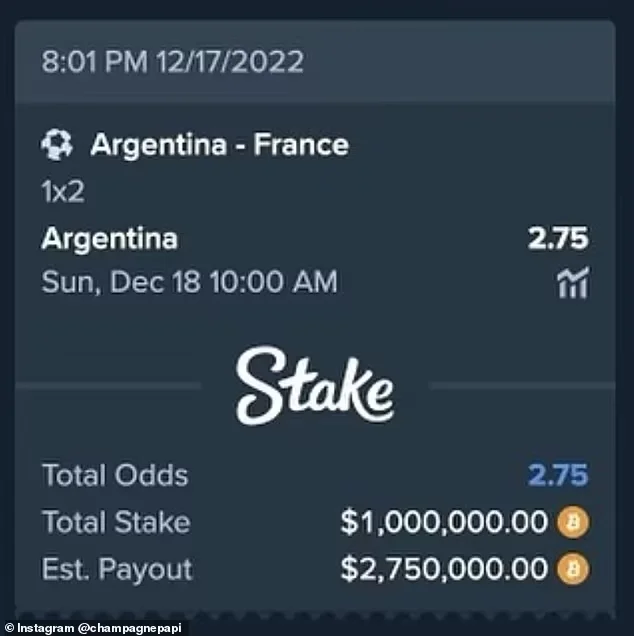 A screenshot of a Stake betting app showing a $1,000,000 bet on the Argentina vs. France football match, with a potential payout of $2,750,000