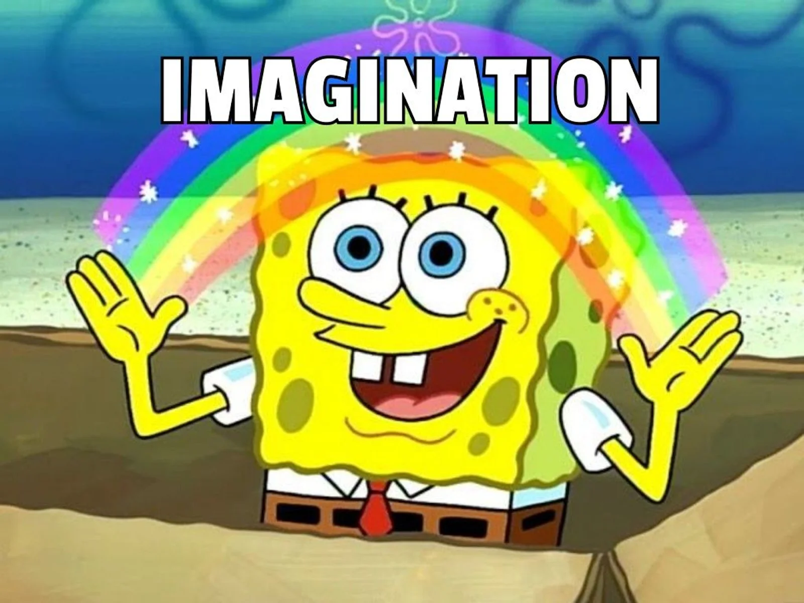 An animated image of Spongebob Squarepants with a rainbow and the text 