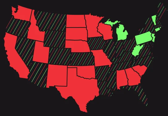 A map of the United States with states colored solid red, solid light green, and red with light green stripes