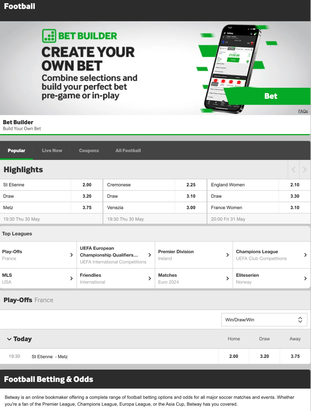 A screenshot of a football betting website with a 
