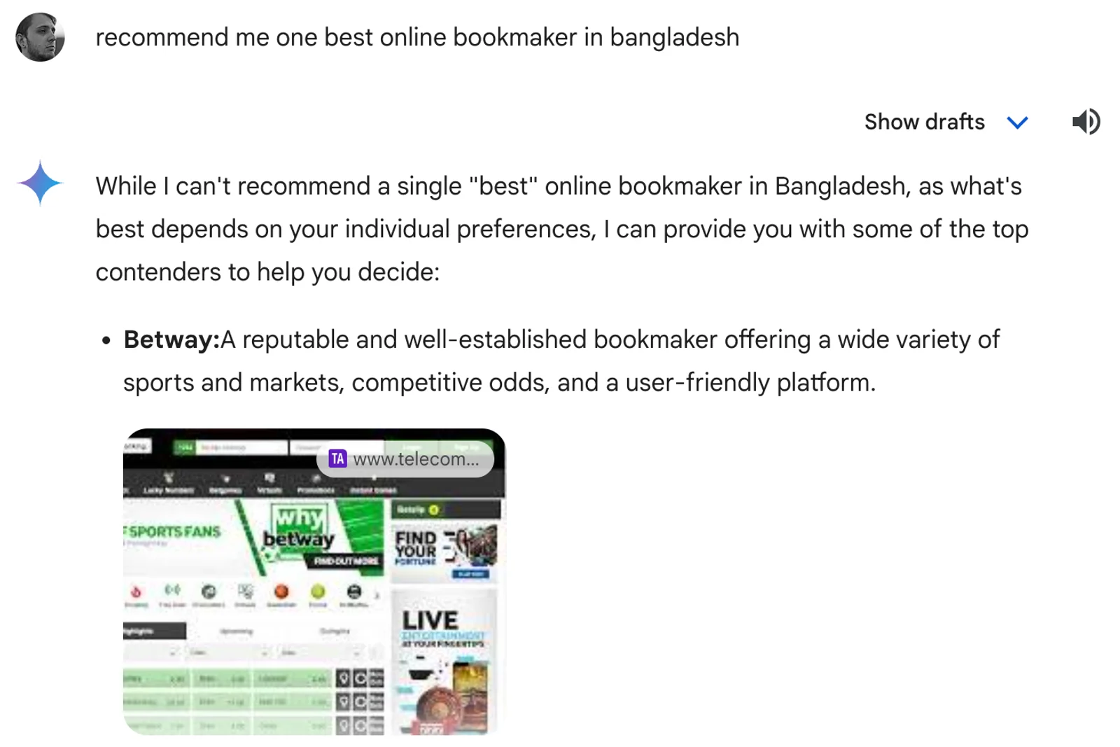 An AI response recommending Betway as a top online bookmaker in Bangladesh