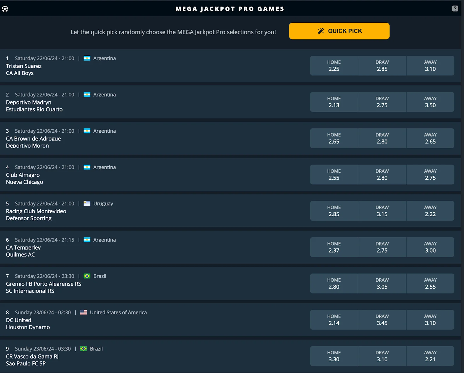 A screenshot of a sports betting website listing several football matches with their respective odds for home, draw, and away outcomes