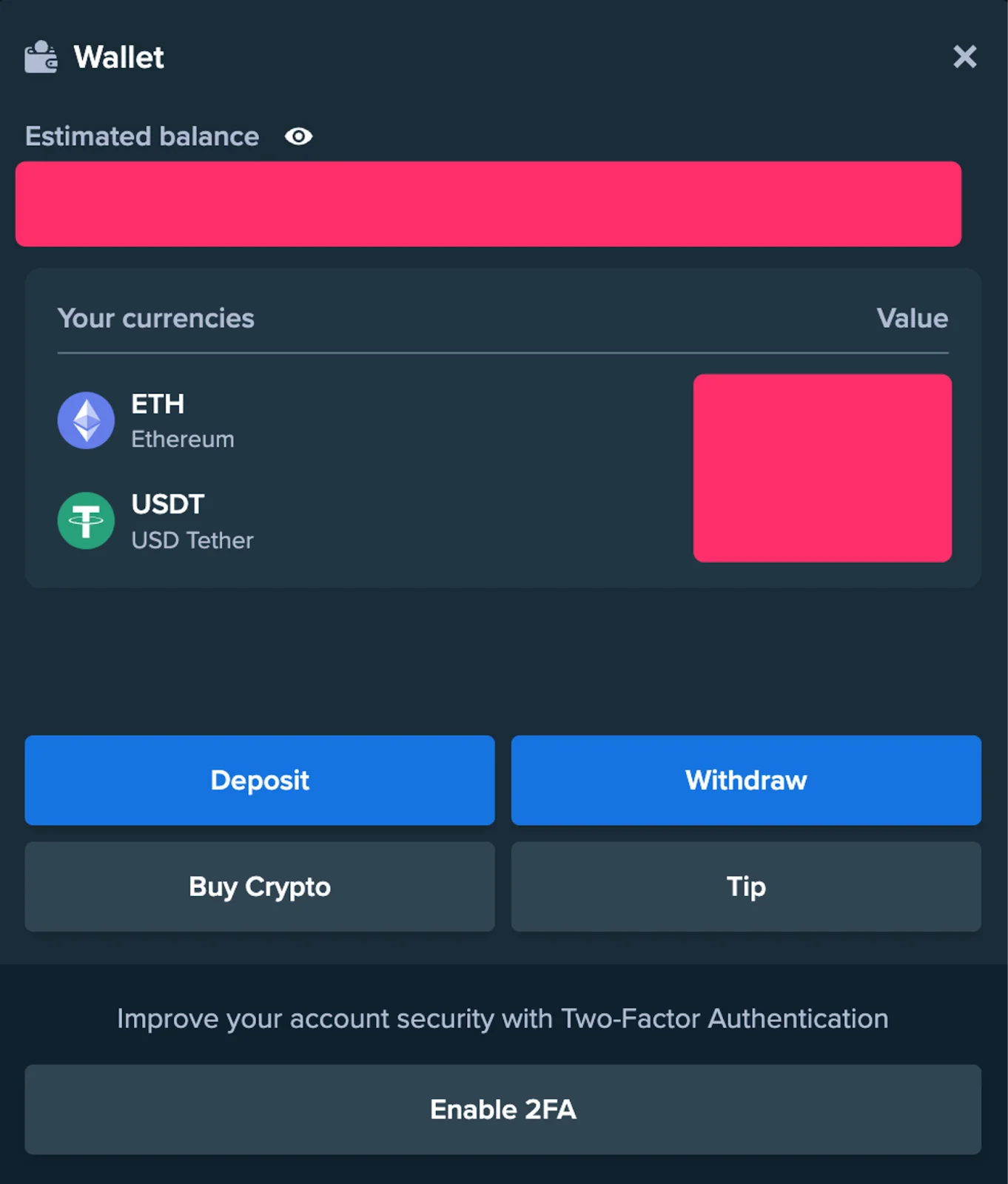 A screenshot of a digital wallet interface showing cryptocurrency balances, with options to deposit, withdraw, and buy crypto