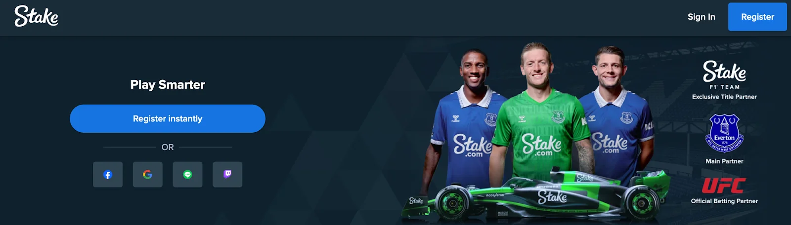 A website homepage for Stake, showing Everton F.C. players and a Formula 1 car, with logos for the F1 team, Everton, and the UFC