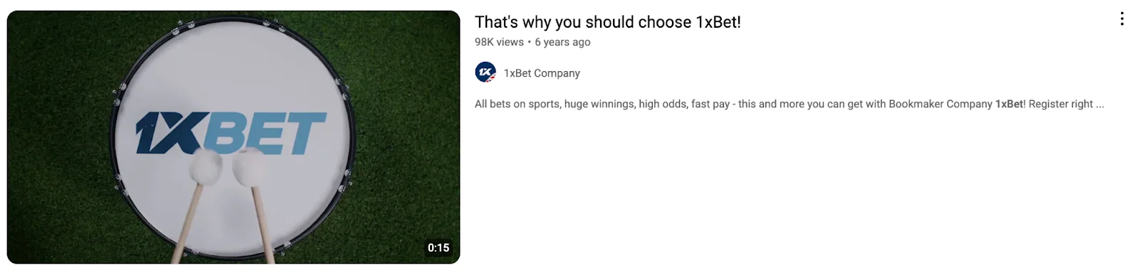A YouTube video thumbnail for 1xBet, showing a large bass drum with the company logo on it