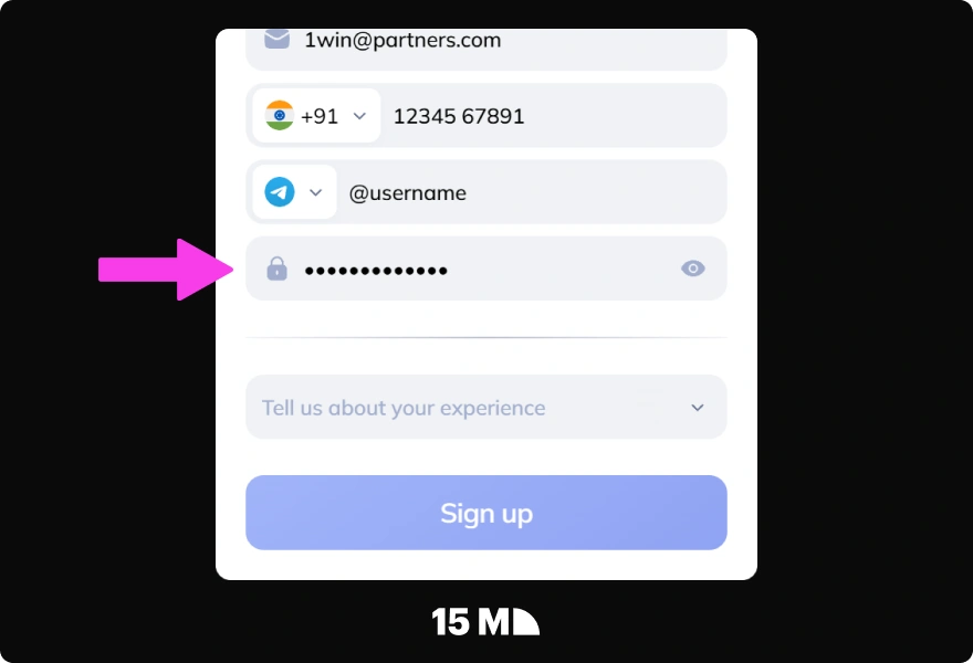 Create a secure password in the 1win Partner registration form