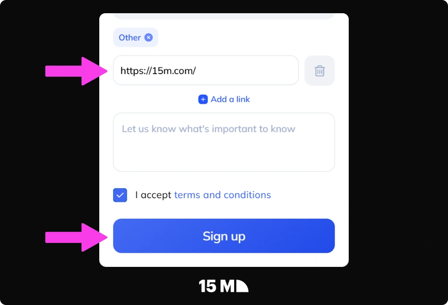 Select your experience level and confirm your details in the 1win Partner registration form