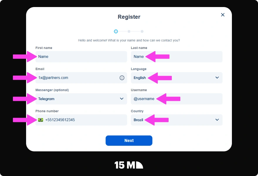 Click Become a Partner, complete the 1xBet Partners registration form, and verify your email