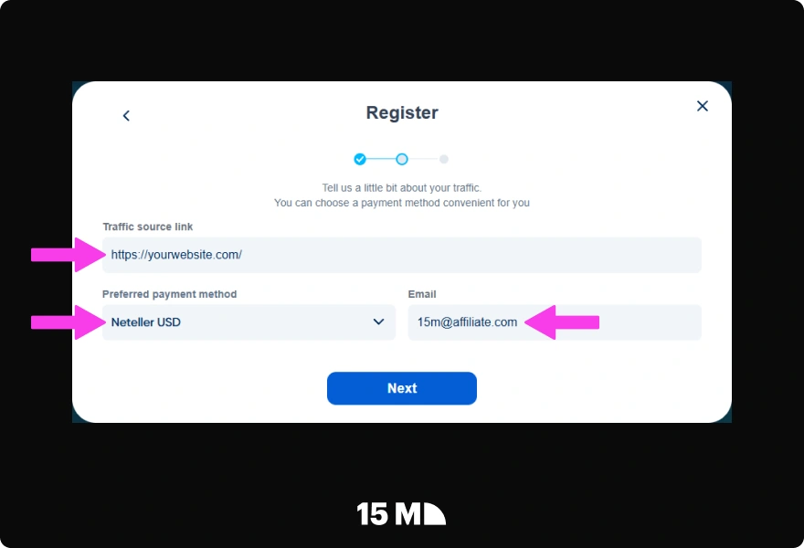 Add all your traffic sources in the 1xBet Partners registration form
