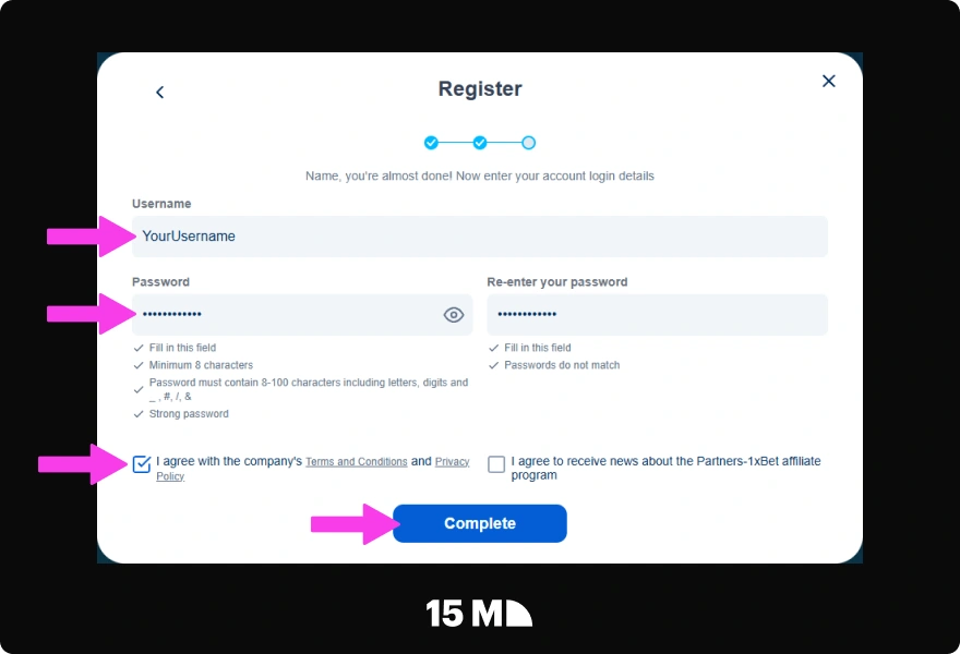 Accept the Affiliate Agreement to complete your 1xBet Partners registration