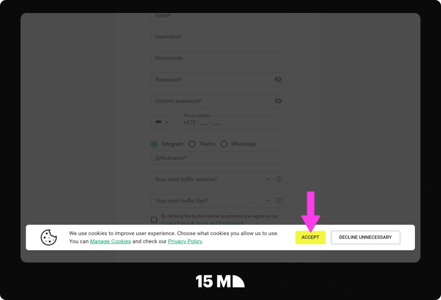 Accept the cookies notification on the Parimatch Affiliates site to continue registration