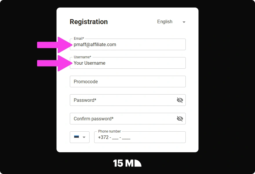 Enter your email, username, and promo code in the Parimatch Affiliates registration form