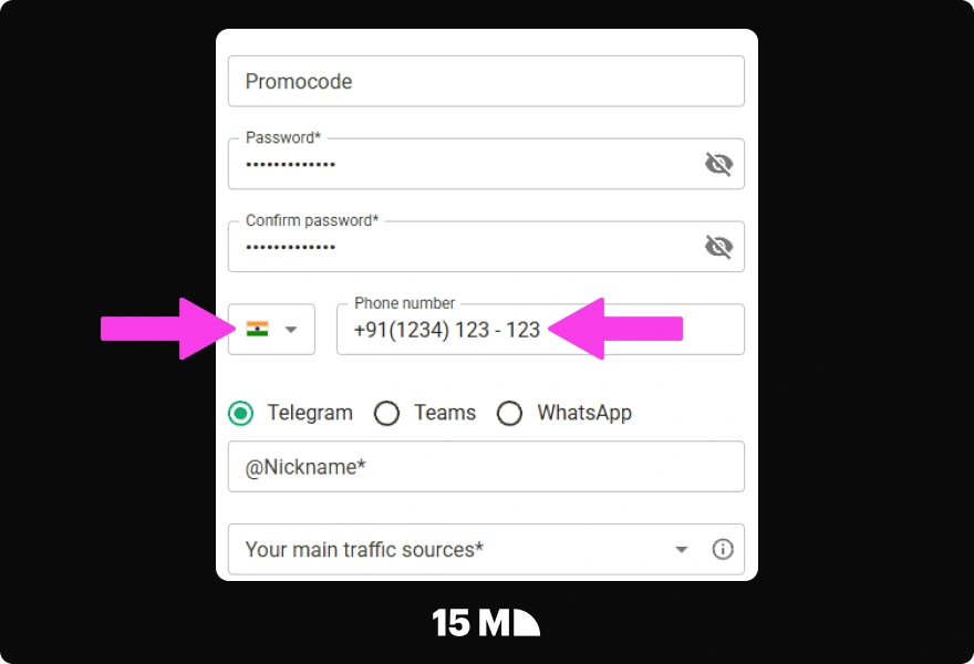 Add your phone number and country details in the Parimatch Affiliates registration form