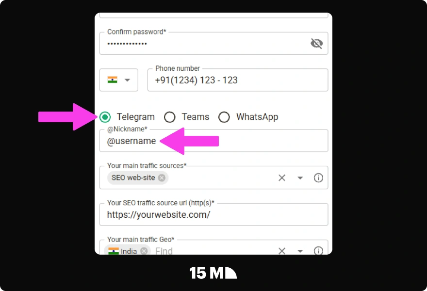 Add your preferred messaging platform in the Parimatch Affiliates registration form