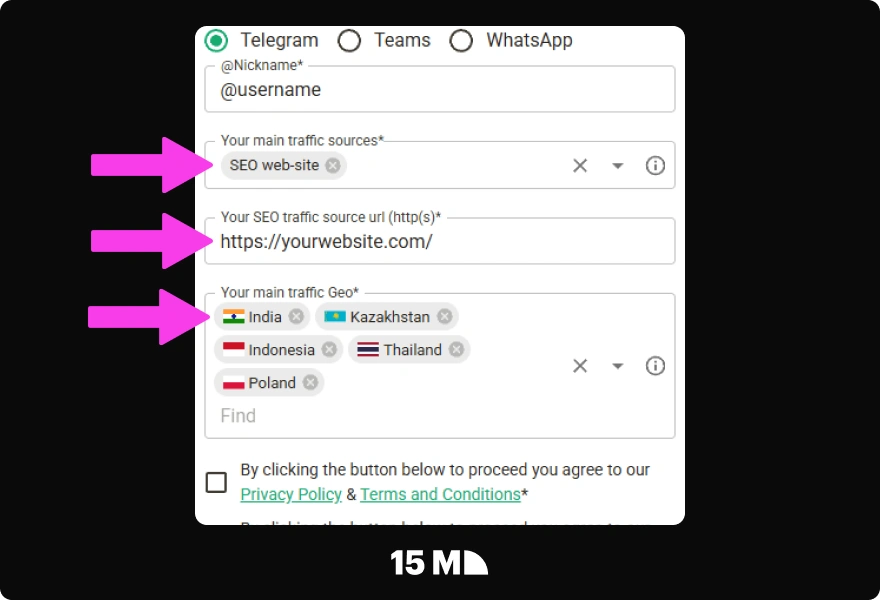Add your main traffic sources and target GEOs in the Parimatch Affiliates registration form