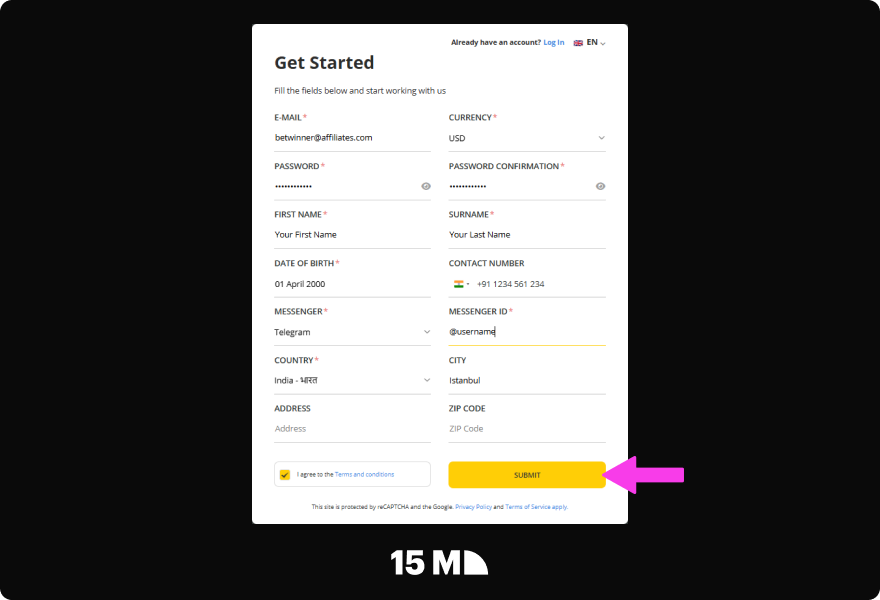 Enter your personal details and traffic sources in the Betwinner Partners registration form