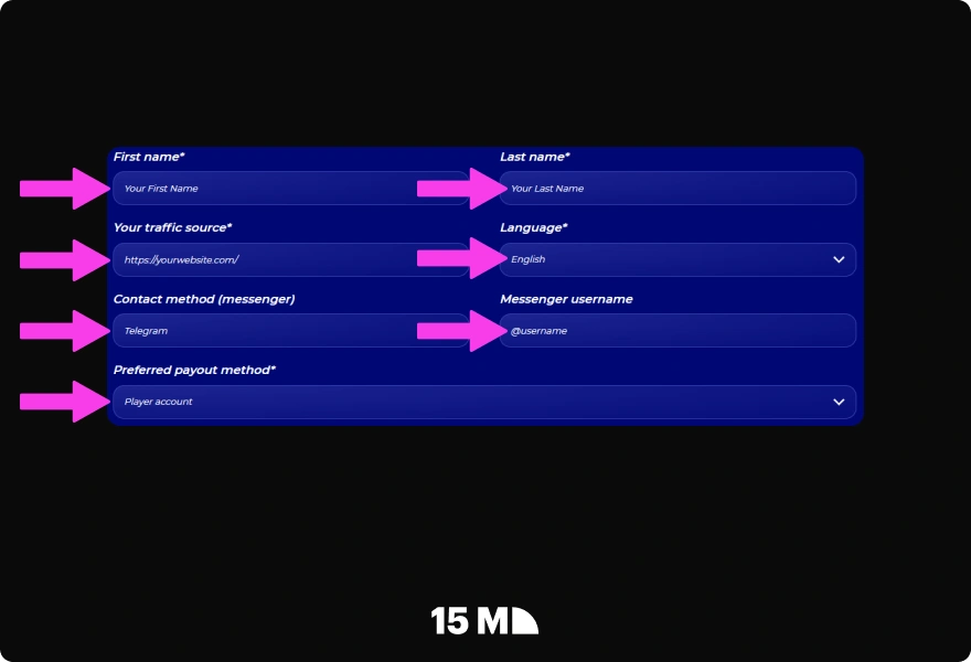 Enter your login details, contact information, Telegram nickname, and a brief description of your traffic sources in the PariPesa Affiliate Program application form