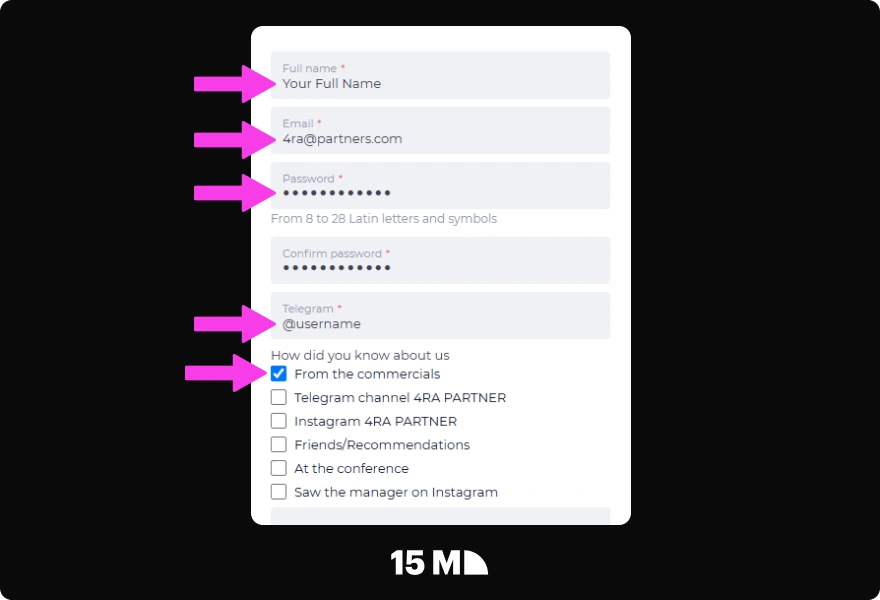 Enter your details, Telegram contact, and traffic source information in the 4rabet Partners registration form
