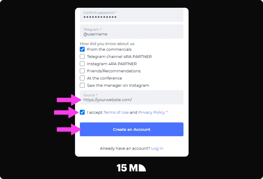 Add your traffic details, accept the rules, and create your 4rabet Partners account