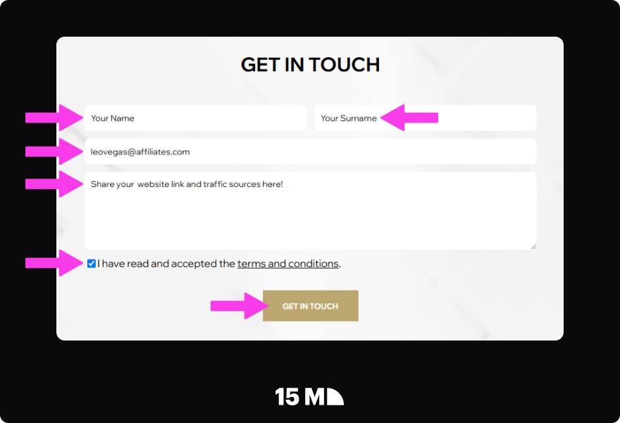 Complete the LeoVegas Affiliates registration form with your contact details, website links, traffic sources, and visitor statistics