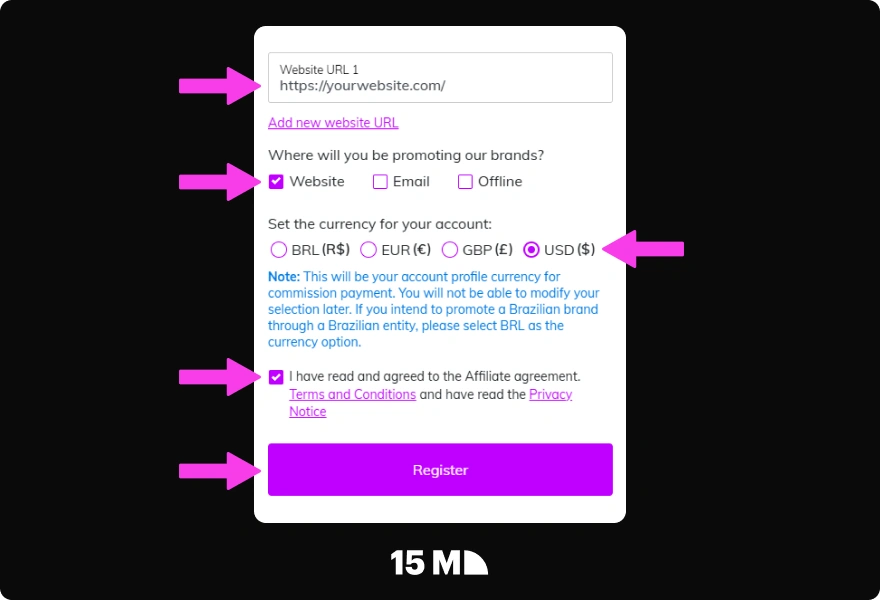 Enter your website URL, select currency and notification preferences, complete captcha, and submit your Ladbrokes Partners registration