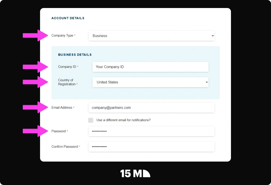 Click the blue “Join Us” button on the MrQ Affiliate Program website, then select your company type and enter your login email and password to begin registration