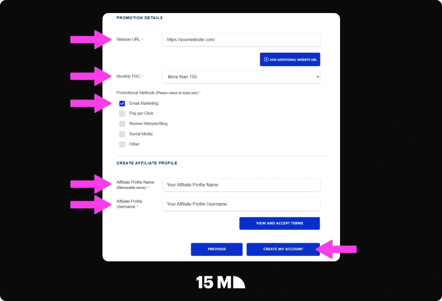 Complete the final MrQ Affiliate Program registration step with your advertising details, website URL, expected monthly FTD range, and promotional information