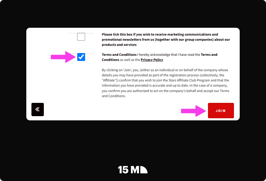 Complete the final PokerStars Affiliate Program application fields with your payment method, currency, and bank details, accept the terms, and click Submit