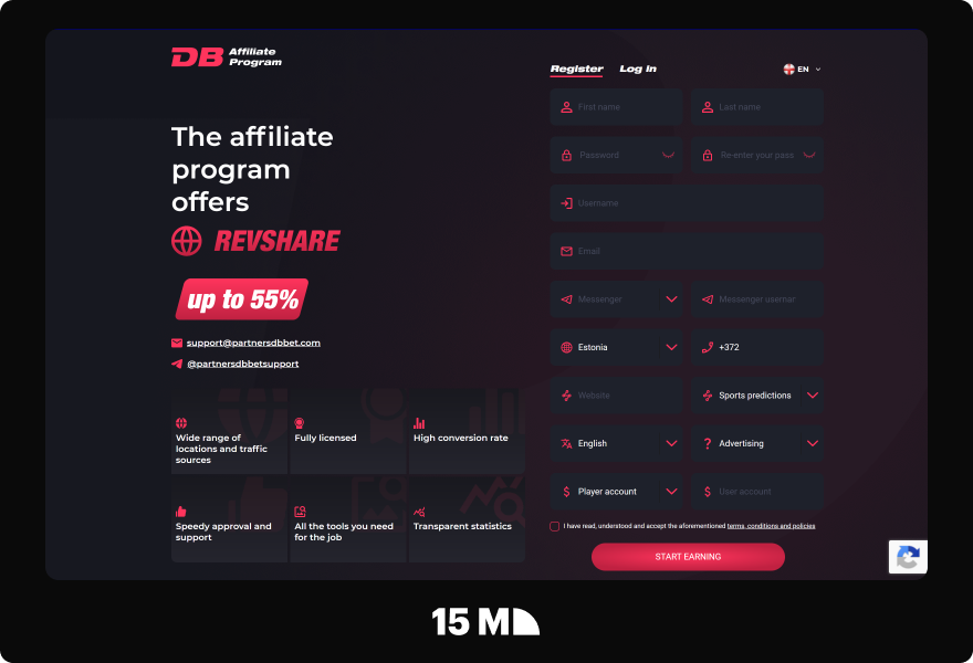 Visit the DBbet Partners website and open the sign-up form to start registration