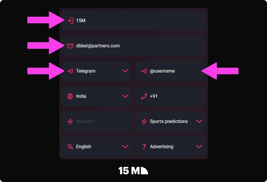 Add your Telegram contact, country, and phone number in the DBbet Partners registration form