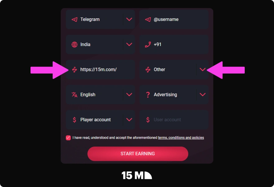 Add your website link and select the products you want to promote in the DBbet Partners registration form