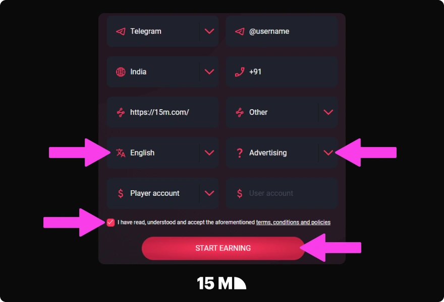 Select your language, accept the terms, and click Get Started to complete the DBbet Partners registration
