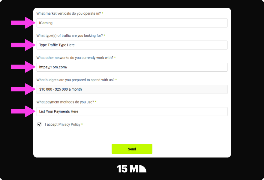 Provide details about your traffic sources, visitor volume, target GEOs, industries, and previous affiliate experience