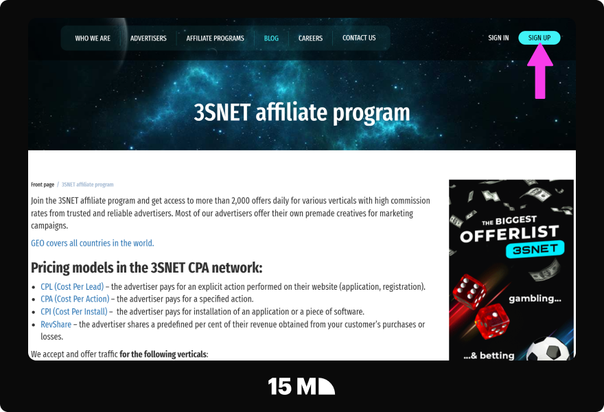 Visit the 3Snet Affiliate Network homepage and click the blue “Sign Up” button in the top-right corner to open the registration form