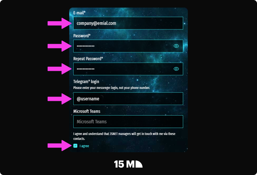 Complete the 3Snet Affiliate Network registration form with your email, password, and Telegram username