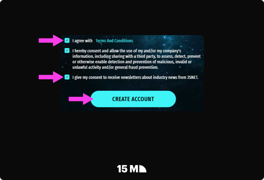 Review the required declarations, accept the Terms and Conditions and data processing policy, choose whether to receive industry newsletters, and submit your 3Snet Affiliate Network application