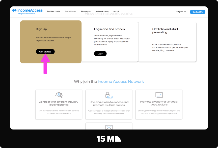 Visit the Income Access Affiliate Network homepage and click the sign-up button to open the three-step registration form