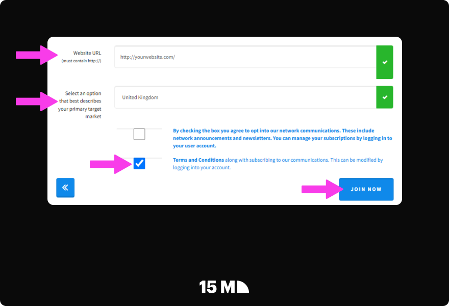 Complete the final Income Access Affiliate Network registration step by providing your website info