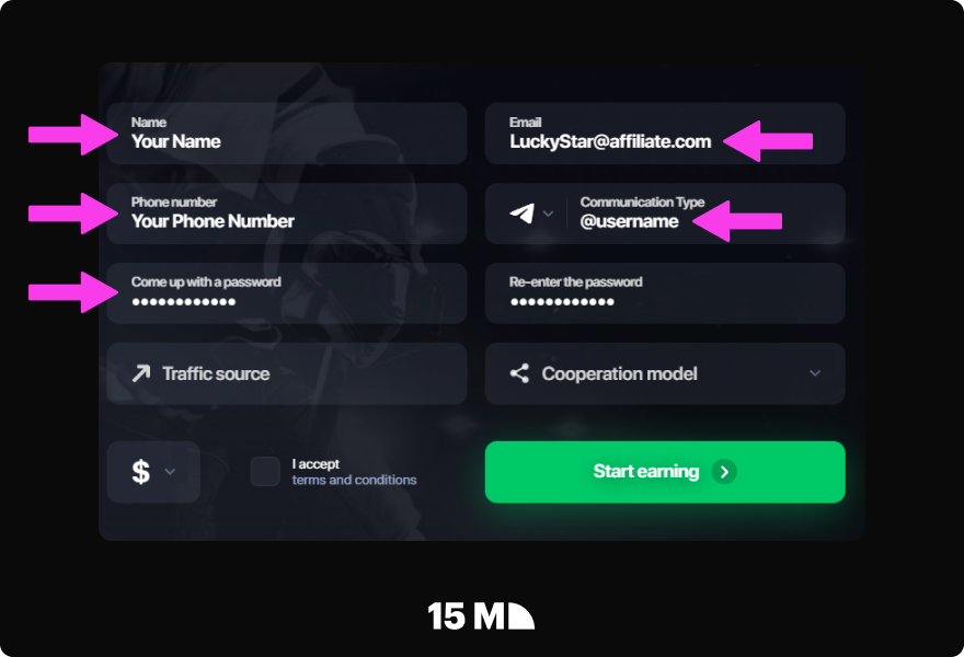 Enter your contact details, preferred messenger, and create a secure password in the Lucky Star Partners registration form