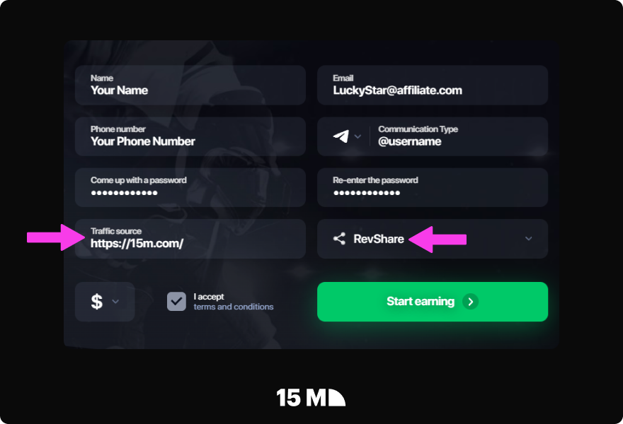 Add your traffic sources, cooperation model, expected results, and target regions in the Lucky Star Partners registration form